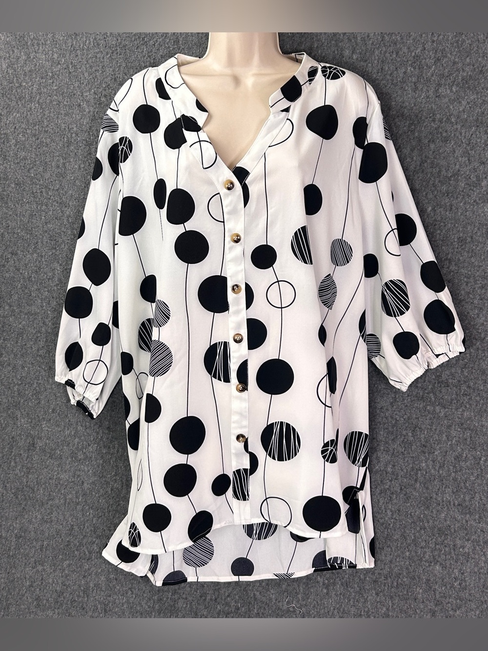 BloomChic Blouse Womens 22-24 Plus White Polka Dot V-Neck Puff Sleeve Tunic